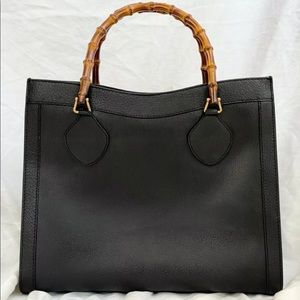 GUCCI Bamboo Handle Black Leather Square Tote Bag